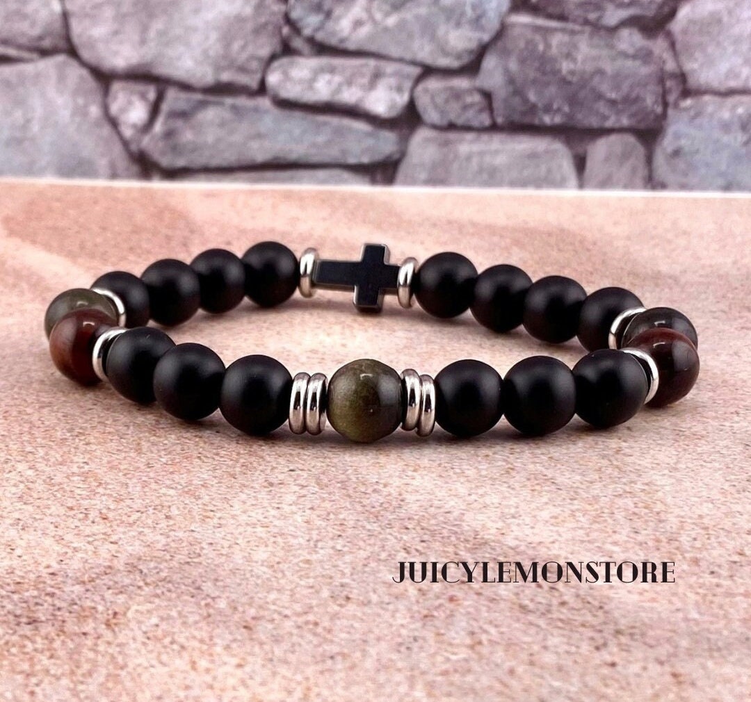 Triple Protection Crucifix Bracelet Unisex, Black Onyx Red Tiger Eye Obsidian Hematite, Catholic Christian Religious Gift