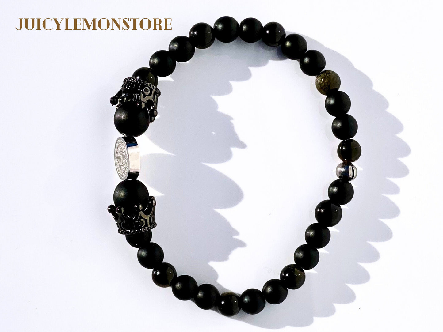Psychic Protection St. Benedict Stainless Steel Medal Sweat Proof Bracelet, Black Mate Onyx, Golden Obsidian. Catholic and Religious Gifts for him/her, Unisex