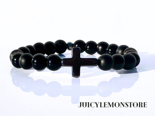 Christian Triple Protection Custom Sized Men Bracelet, Onyx Black Matte, Black Sheer Agate & Hematite Cross Crucifix Religious Gifts for him
