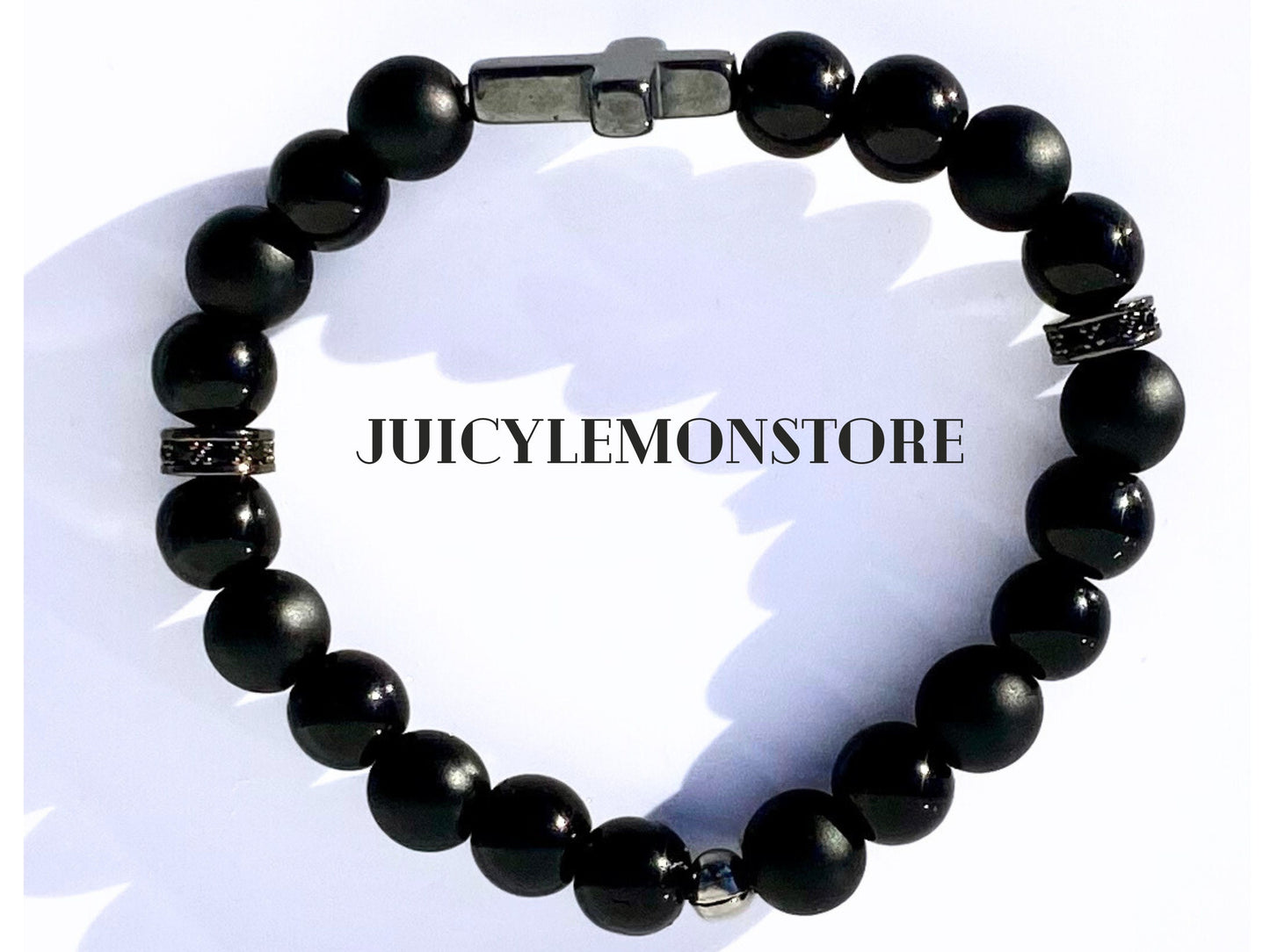 Christian Triple Protection Custom Sized Men Bracelet, Onyx Black Matte, Black Sheer Agate & Hematite Cross Crucifix Religious Gifts for him