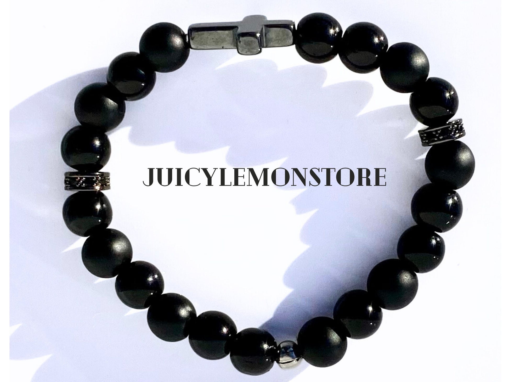 Christian Triple Protection Custom Sized Men Bracelet, Onyx Black Matte, Black Sheer Agate & Hematite Cross Crucifix Religious Gifts for him