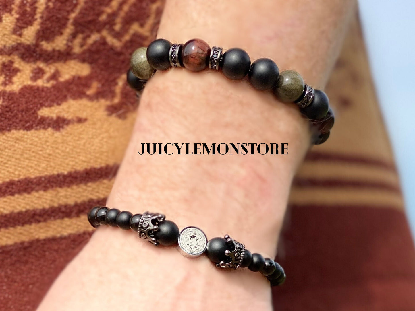 Psychic Protection St. Benedict Stainless Steel Medal Sweat Proof Bracelet, Black Mate Onyx, Golden Obsidian. Catholic and Religious Gifts for him/her, Unisex