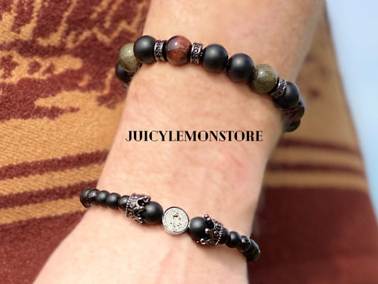 Psychic Protection St. Benedict Stainless Steel Medal Sweat Proof Bracelet, Black Mate Onyx, Golden Obsidian. Catholic and Religious Gifts for him/her, Unisex