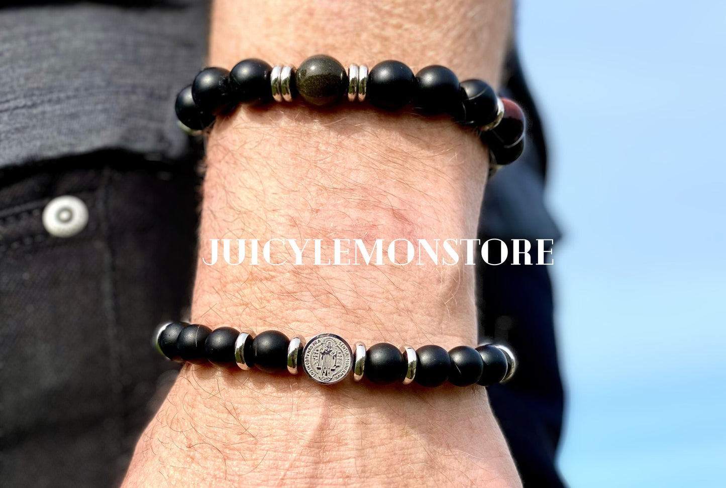 Triple Protection Crucifix Bracelet Unisex, Black Onyx Red Tiger Eye Obsidian Hematite, Catholic Christian Religious Gift