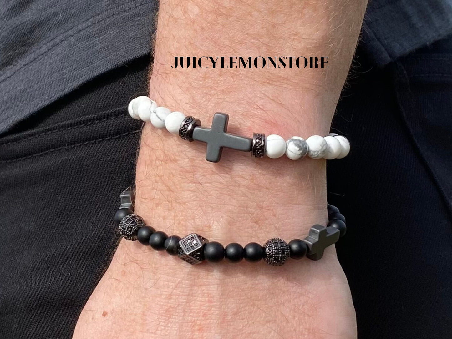 Christian Protection Bracelet with Hematite Cross & Howlite - Grounding Spiritual Jewelry for Faith & Emotional Balance. Male wearing protection bracelet.