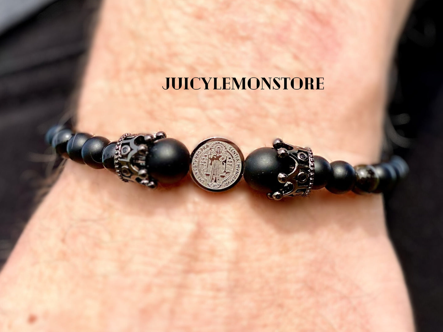 Psychic Protection St. Benedict Steel Medal Bracelet, Black Mate Onyx, Golden Obsidian. Catholic and Religious Gifts for him/her, Unisex