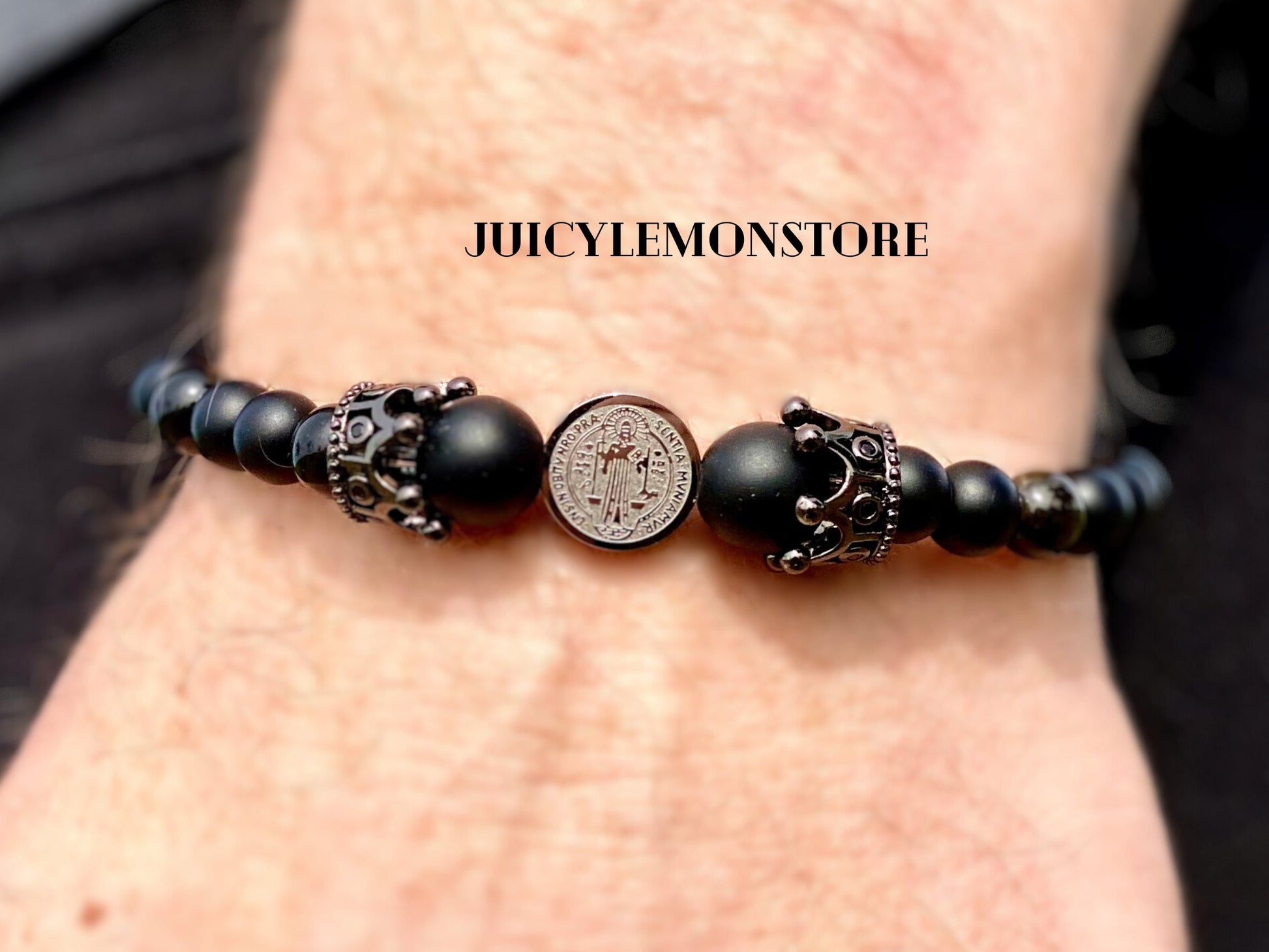 Psychic Protection St. Benedict Steel Medal Bracelet, Black Mate Onyx, Golden Obsidian. Catholic and Religious Gifts for him/her, Unisex