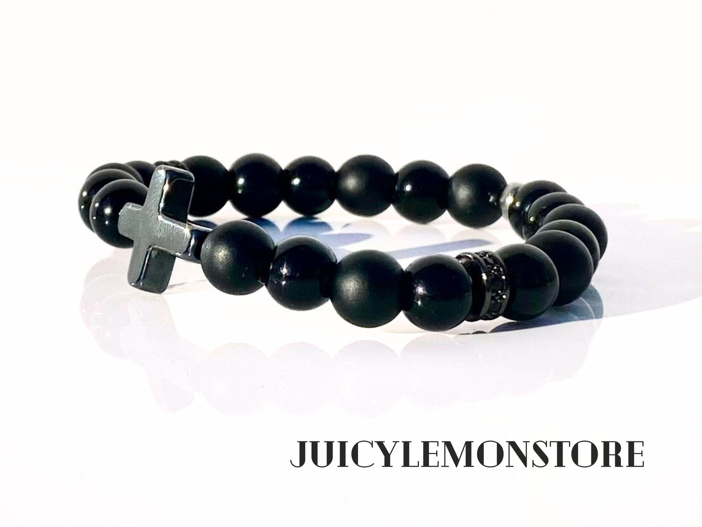 Christian Triple Protection Custom Sized Men Bracelet, Onyx Black Matte, Black Sheer Agate & Hematite Cross Crucifix Religious Gifts for him