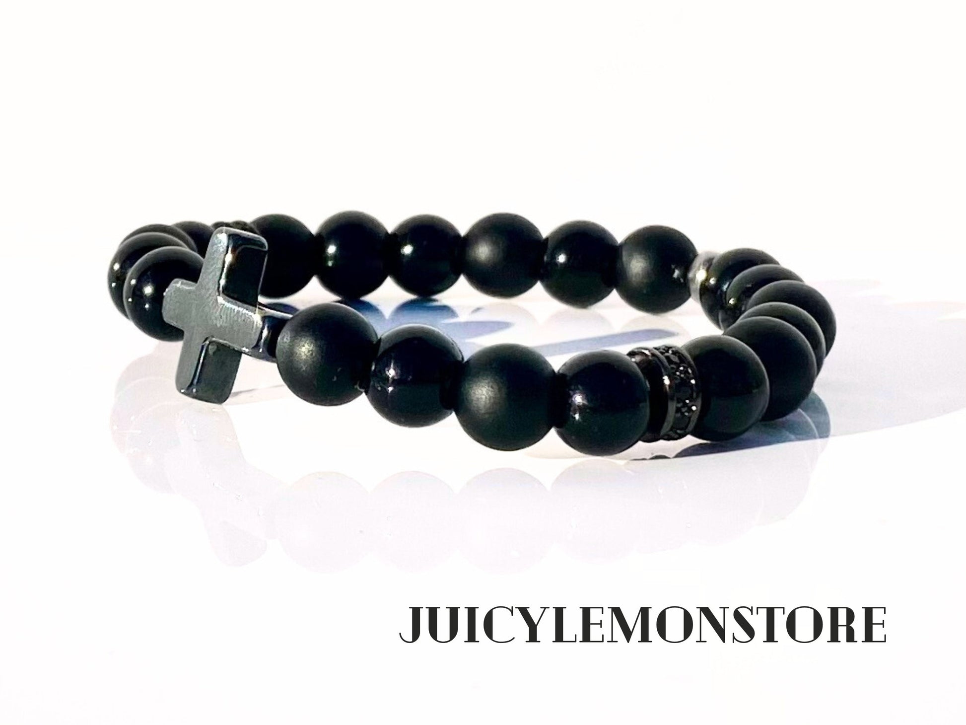 Christian Triple Protection Custom Sized Men Bracelet, Onyx Black Matte, Black Sheer Agate & Hematite Cross Crucifix Religious Gifts for him