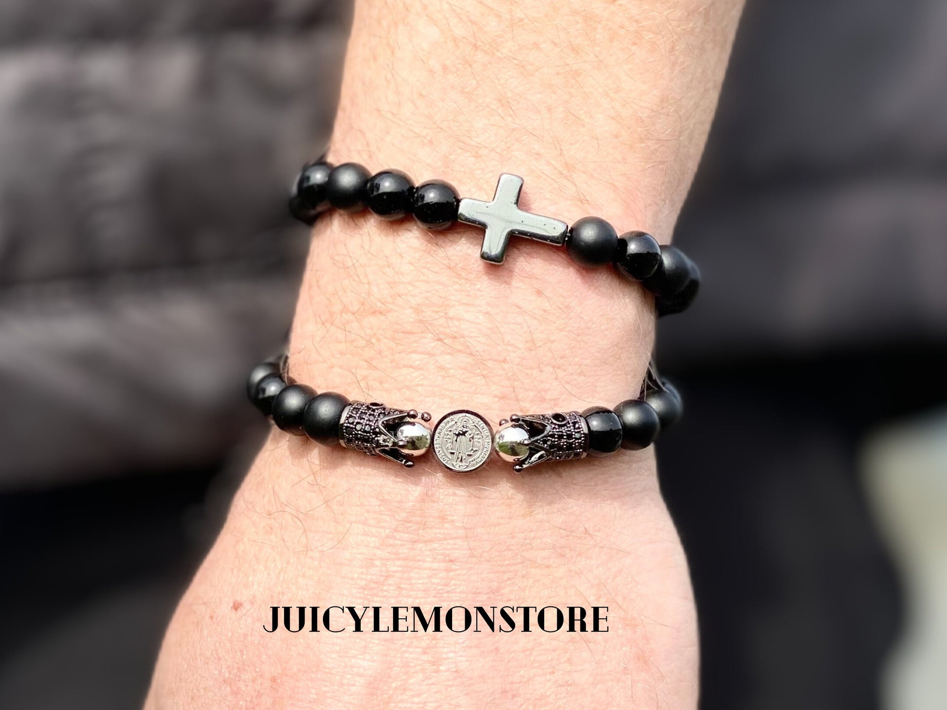 Christian Triple Protection Custom Sized Men Bracelet, Onyx Black Matte, Black Sheer Agate & Hematite Cross Crucifix Religious Gifts for him
