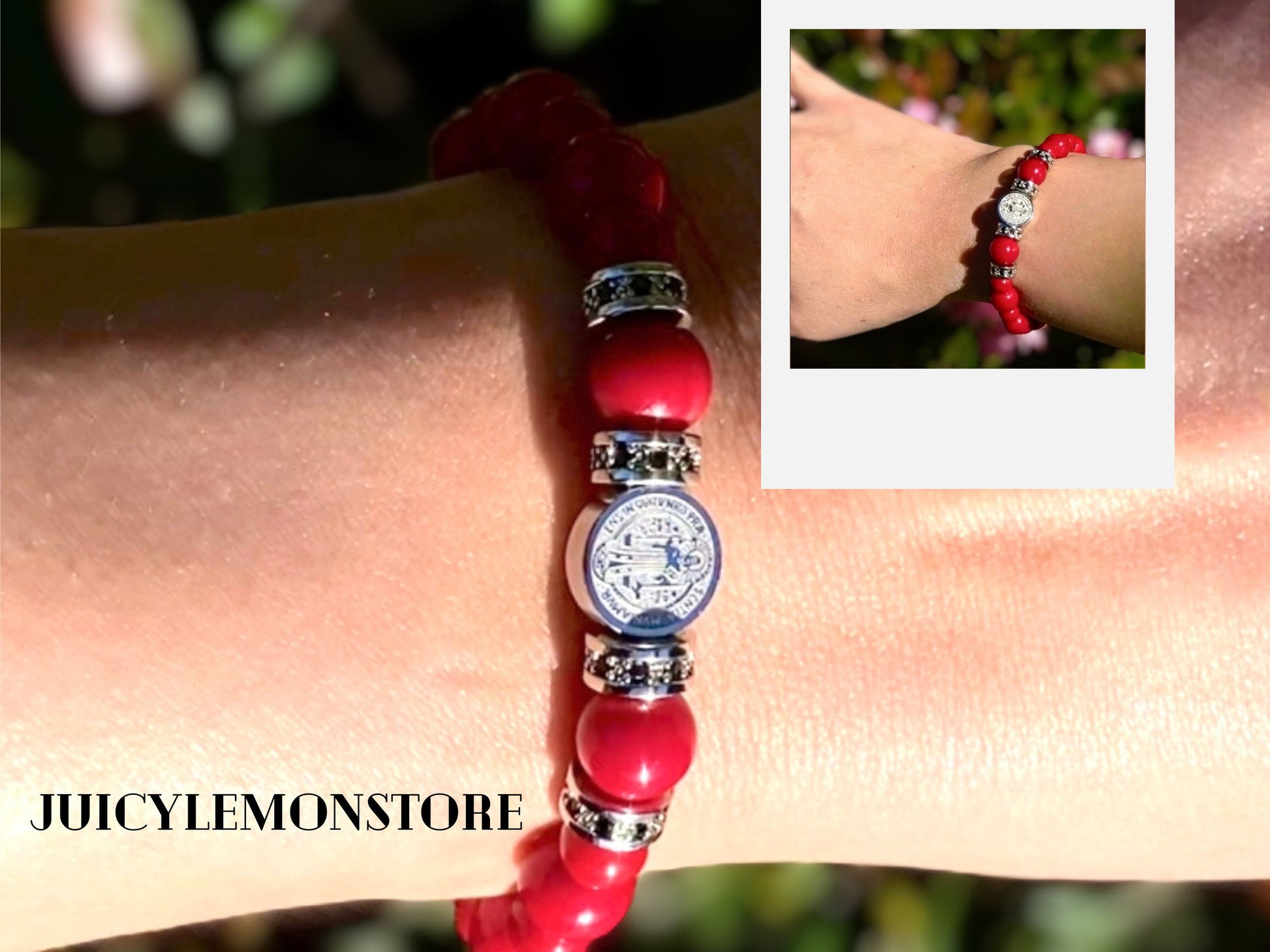St Benedict  Stainless Steel Religious Unisex  Custom Sized Protection Bracelet, Red Jade & Hematites gemstones . Catholic Gift for her/him