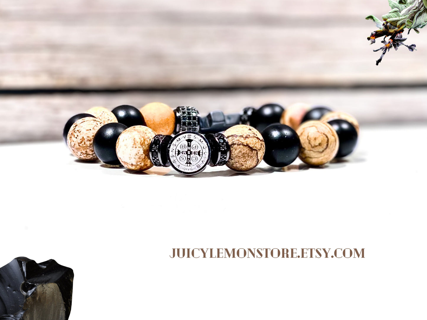 Triple Protection St Benedict Stainless Steel Rosary Bracelet, Matte Picture Jasper ,Black Mate Onyx & Hematite Cross. Catholic Gift for him