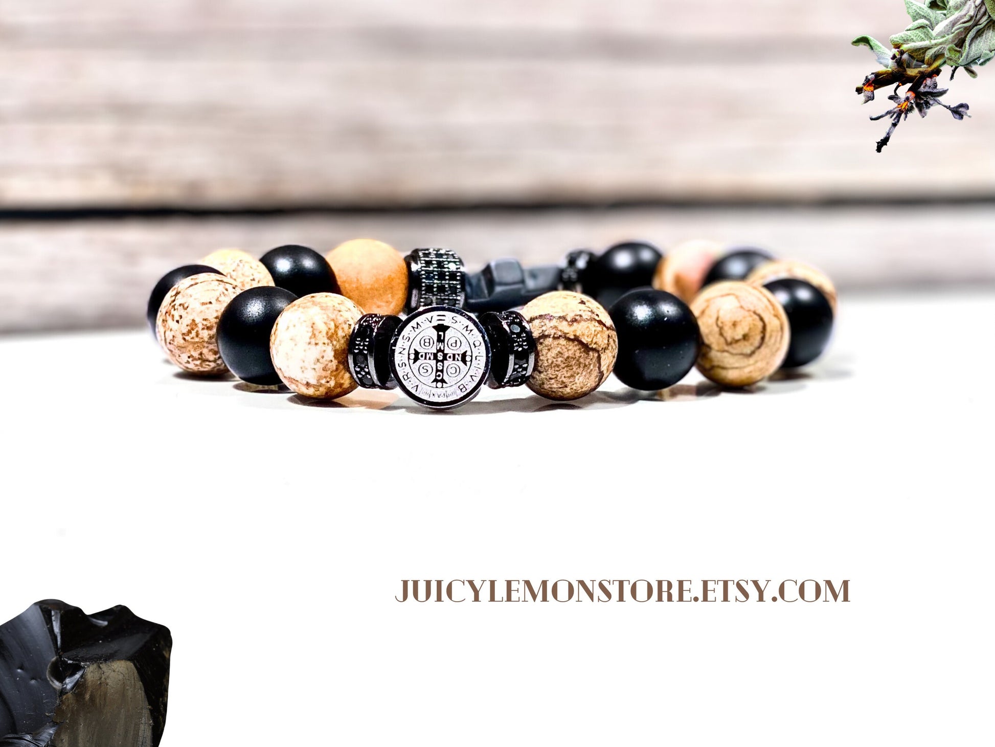 Triple Protection St Benedict Stainless Steel Rosary Bracelet, Matte Picture Jasper ,Black Mate Onyx & Hematite Cross. Catholic Gift for him