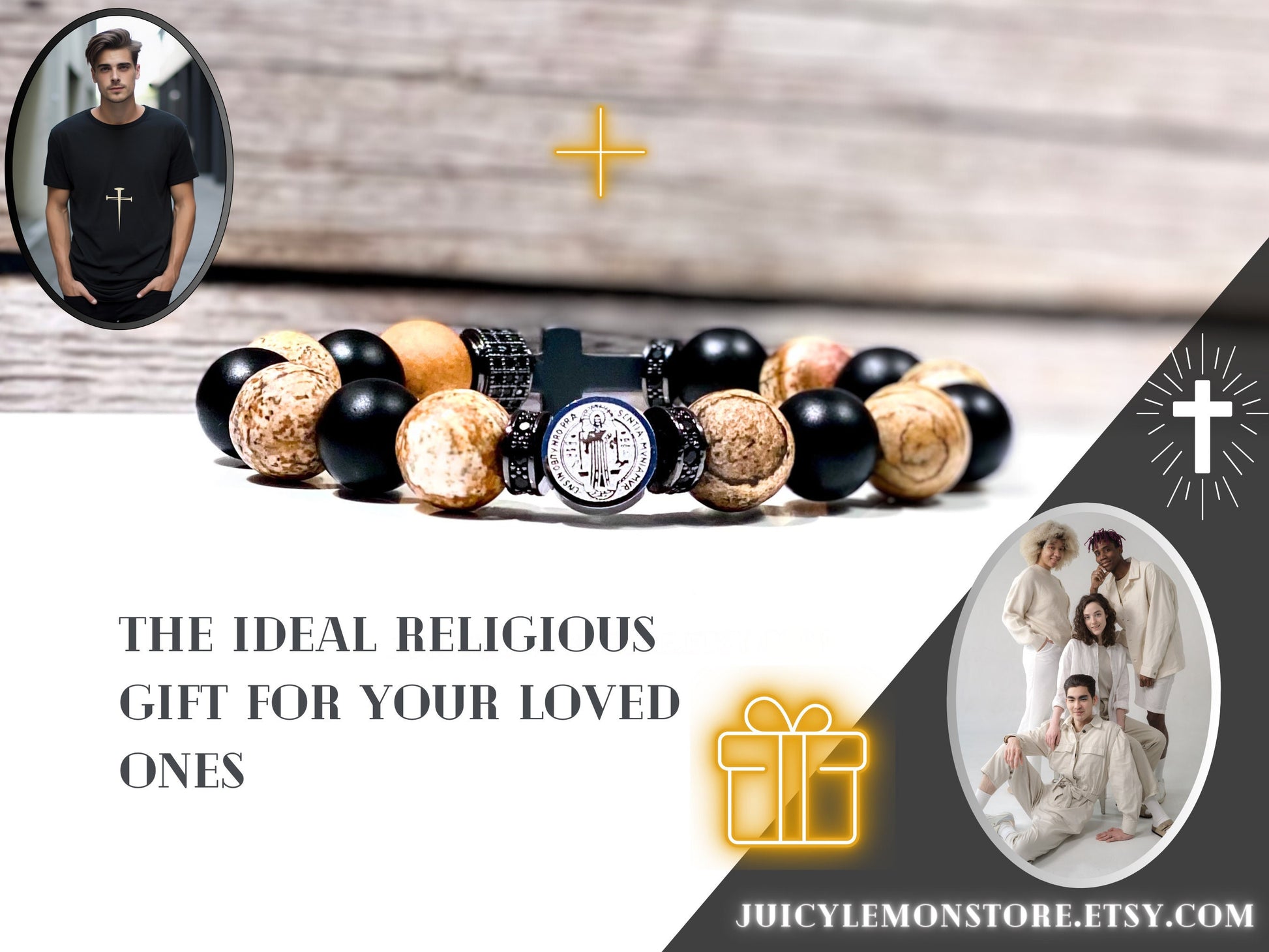 Triple Protection St Benedict Stainless Steel Rosary Bracelet, Matte Picture Jasper ,Black Mate Onyx & Hematite Cross. Catholic Gift for him