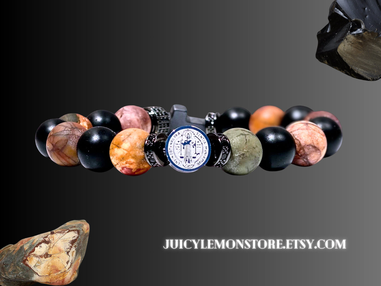 Protection bracelet for men, St. Benedict Catholic jewelry, gemstone charm, hematite, black onyx, Picasso Jasper, religious and gift jewelry