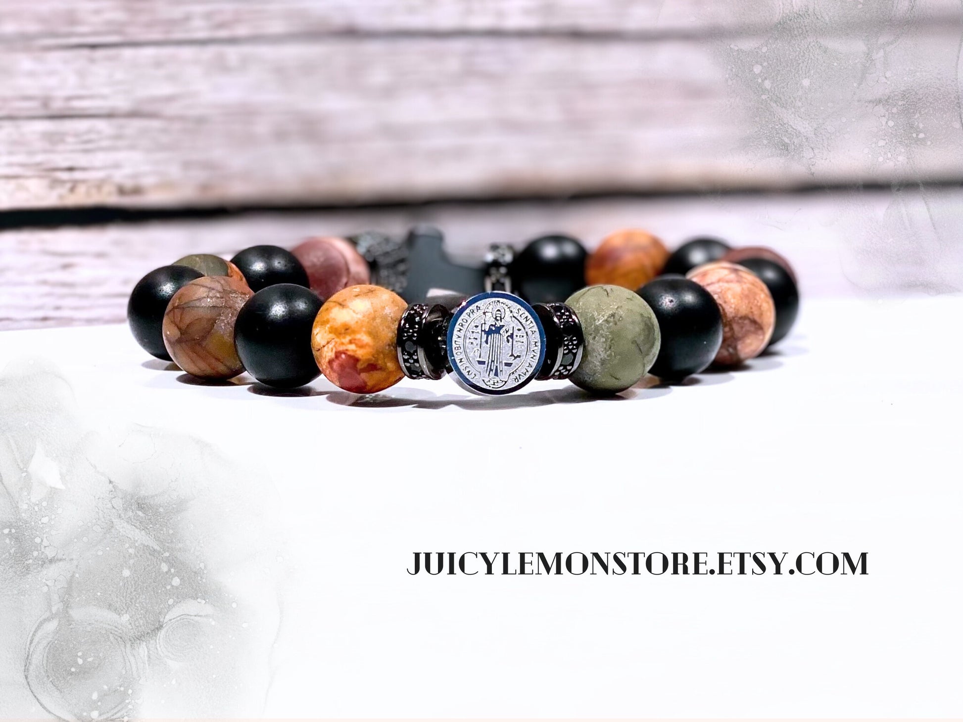 St. Benedict Creativity & Protection Stainless Steel Charm Gemstone Bracelet for Men, Multi-Color Picasso Jasper Black Onyx Hematite Cross.