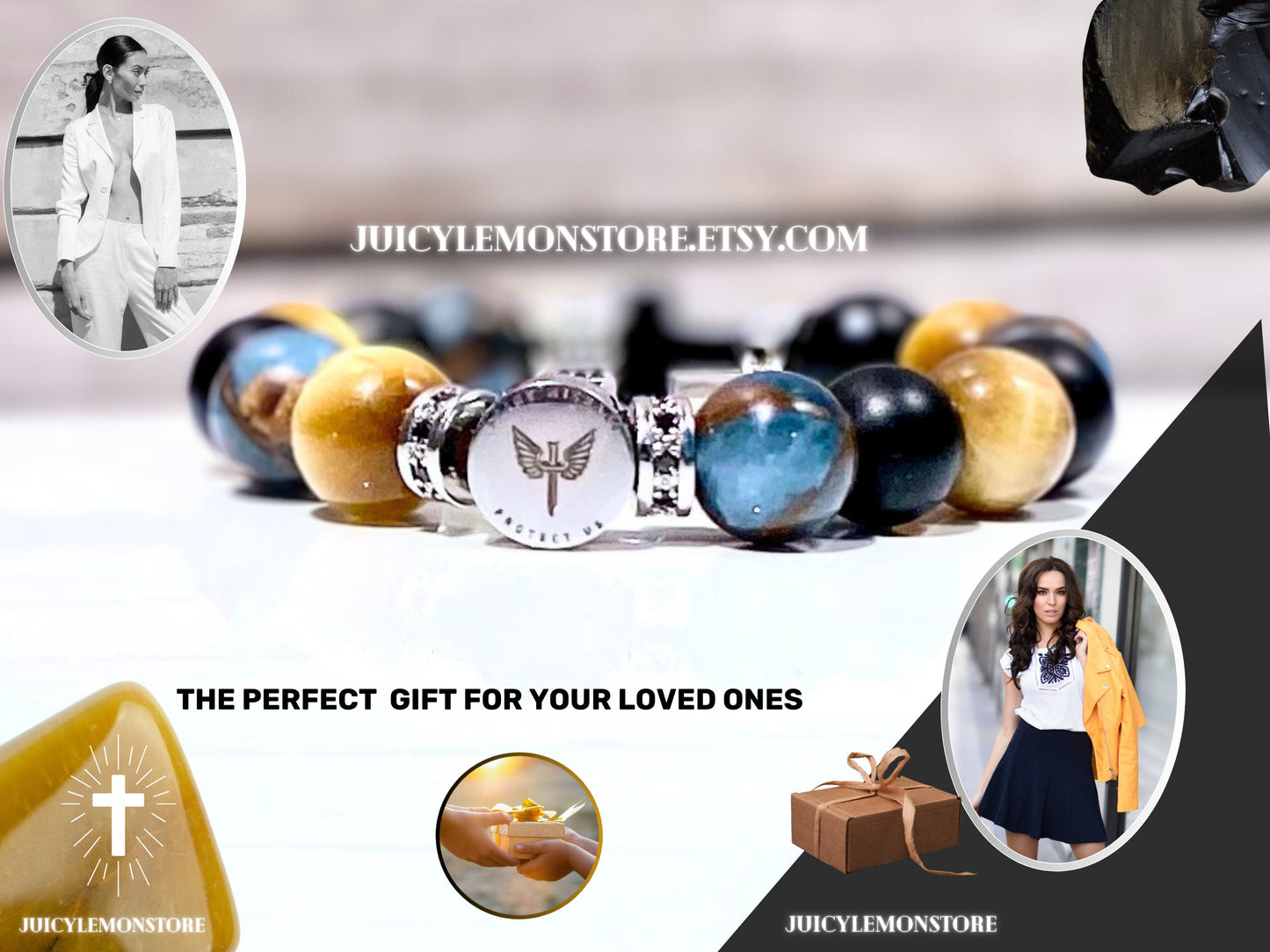 Healing and Protection St Michael/Guardian Angel Steel ,Onyx,Golden Tiger Eye & Blue Cloisonné Jaspe . Catholic Gift for Him, Her, Unisex