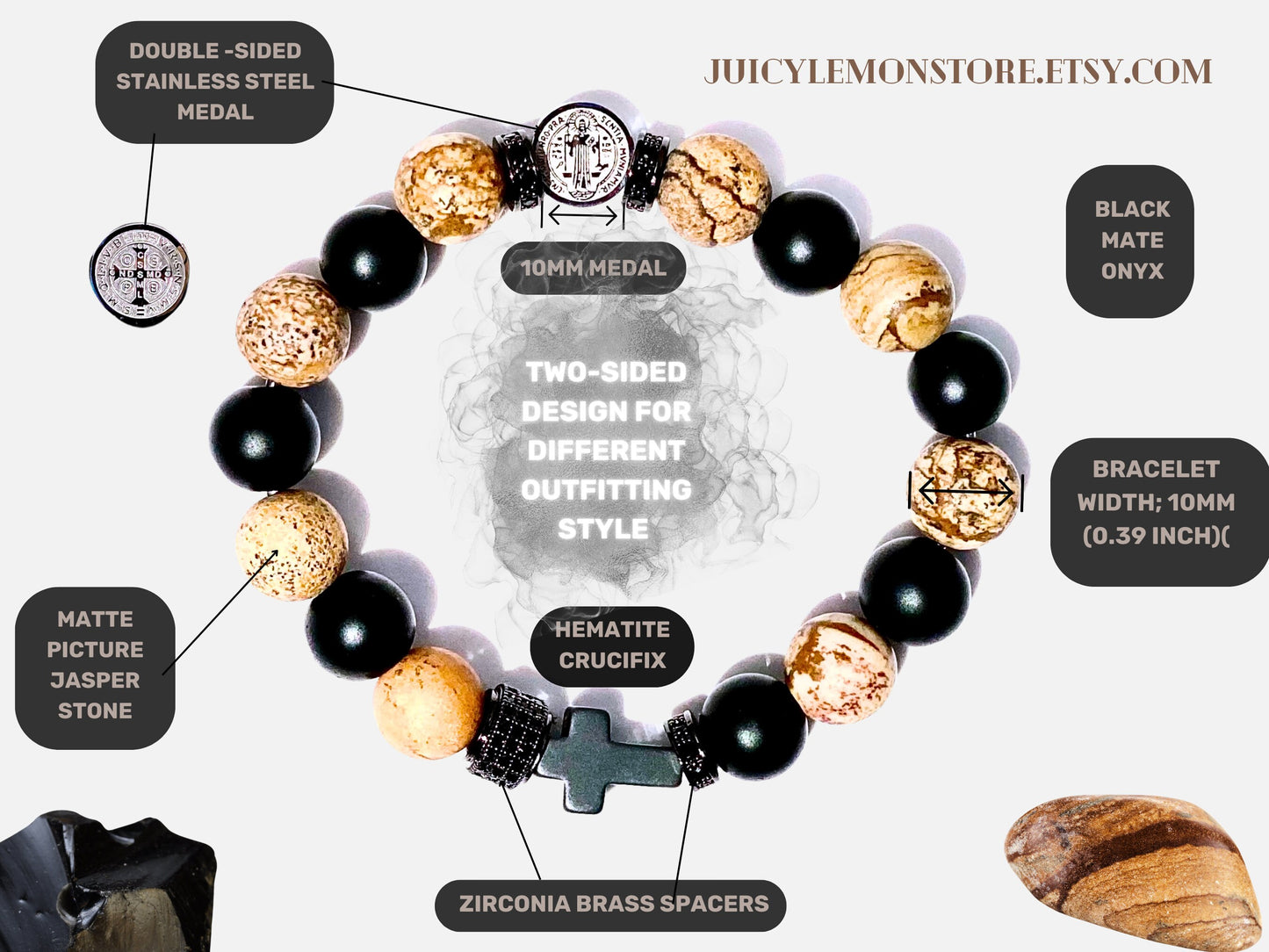 Triple Protection St Benedict Stainless Steel Rosary Bracelet, Matte Picture Jasper ,Black Mate Onyx & Hematite Cross. Catholic Gift for him