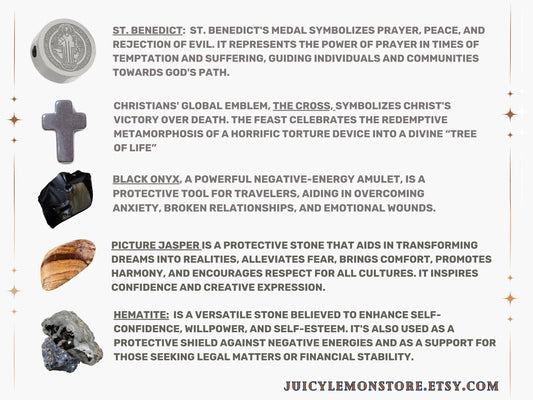 St. Benedict Stainless Steel Charm Protection & Manifestation 10mm Man Bracelet, Mate Picture Jasper, Black Onyx, and Hematite Cross.