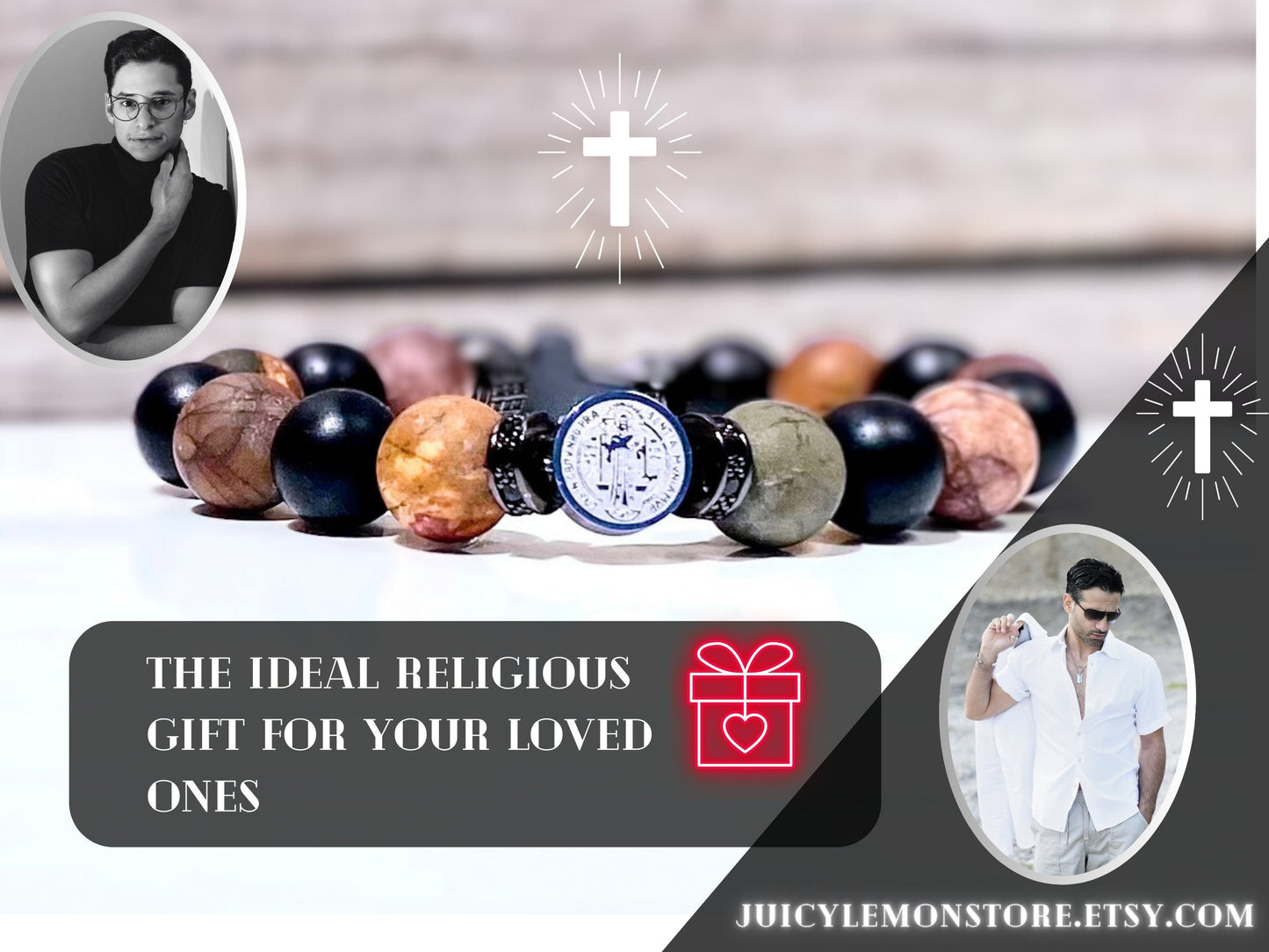 St. Benedict Creativity & Protection Stainless Steel Charm Gemstone Bracelet for Men, Multi-Color Picasso Jasper Black Onyx Hematite Cross.