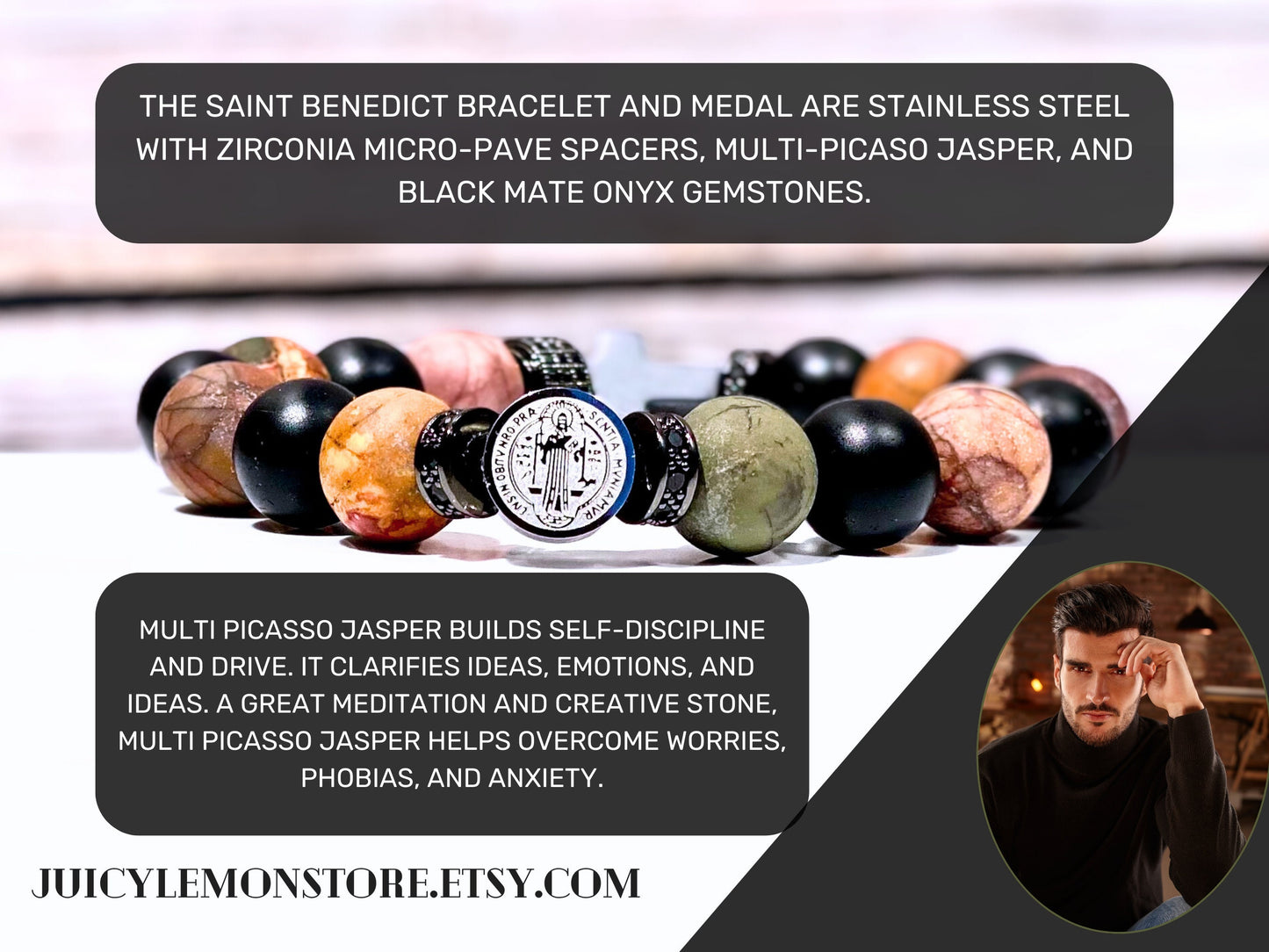 Protection bracelet for men, St. Benedict Catholic jewelry, gemstone charm, hematite, black onyx, Picasso Jasper, religious and gift jewelry