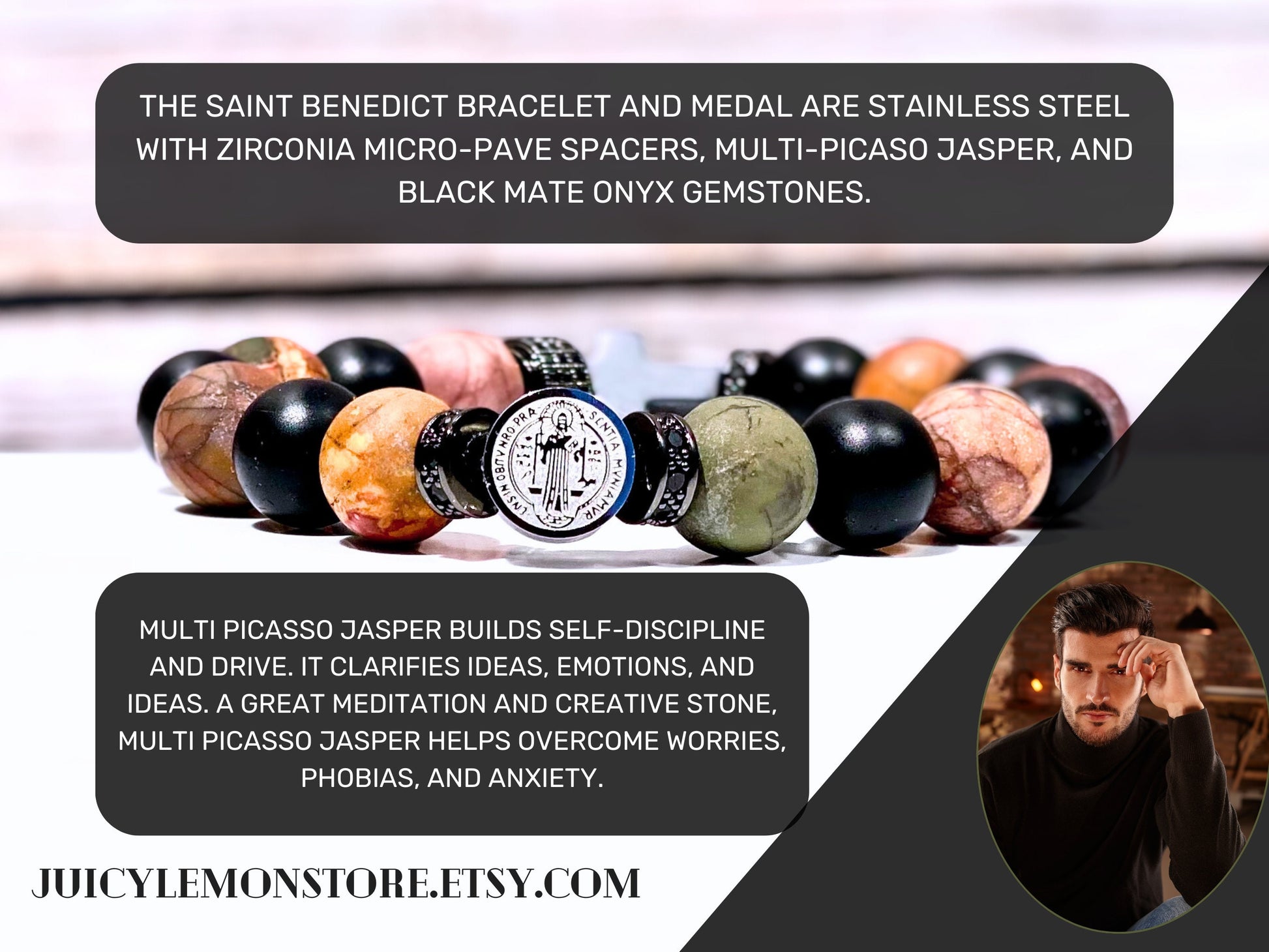 Protection bracelet for men, St. Benedict Catholic jewelry, gemstone charm, hematite, black onyx, Picasso Jasper, religious and gift jewelry