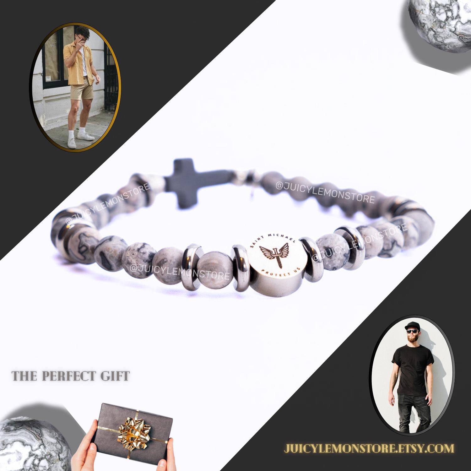 St. Michael Women's Bracelet – Frosted Jasper & Crucifix – Juicy