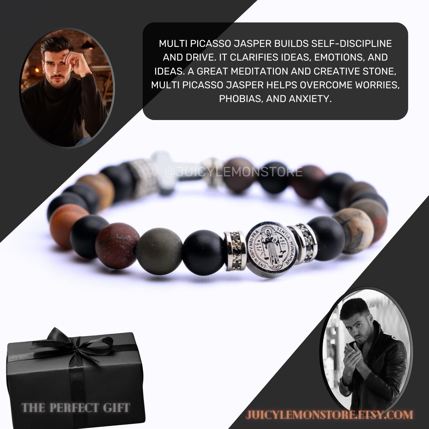 Creativity and Protection Stainless steel Saint Benedict Bracelet, Mate Picasso Jasper , Onyx, & Hematite Cross. Catholic, Confirmation Gift for him.  Close View.