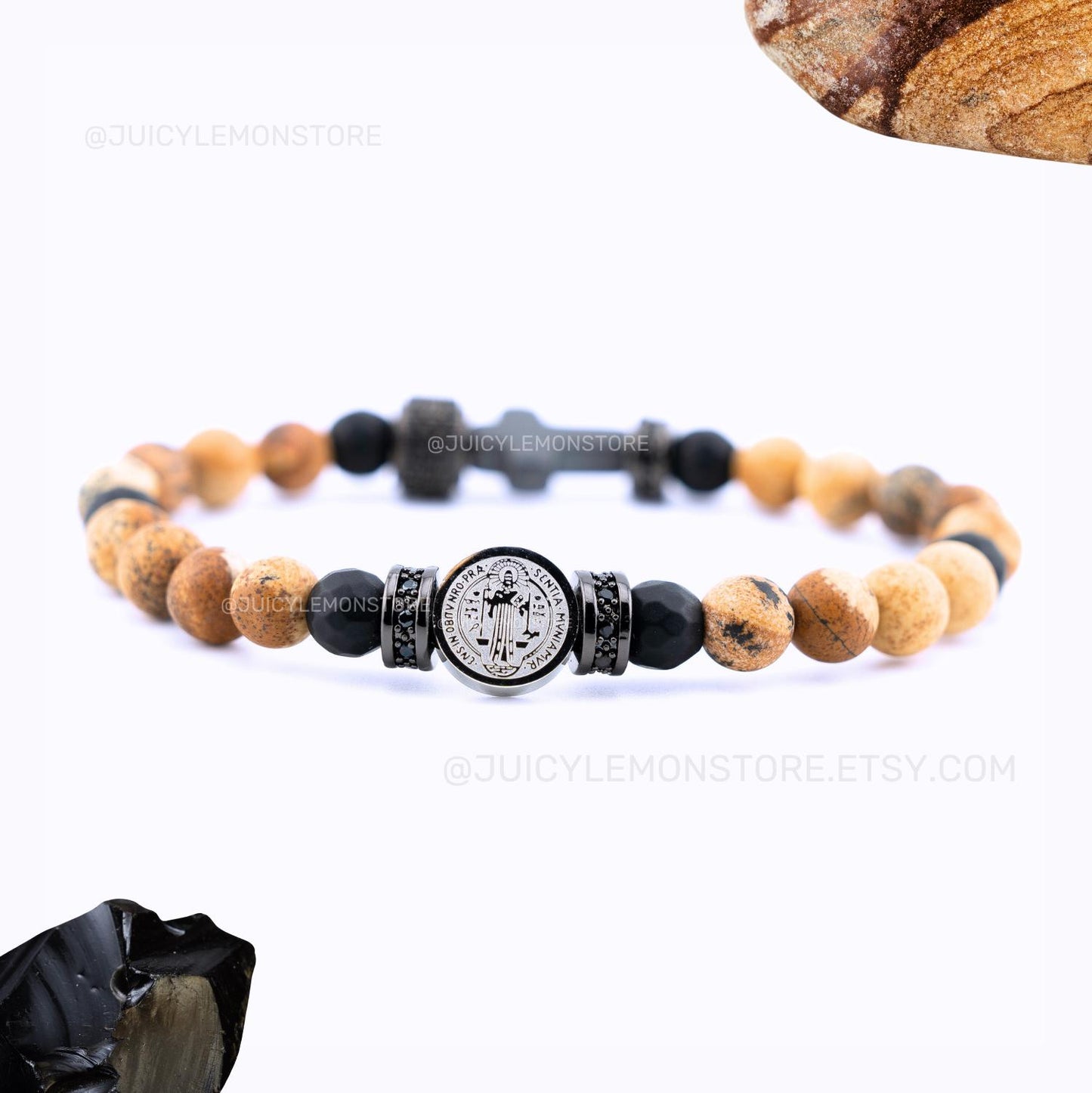 Saint Benedict Charm Protection Manifestation Mens Bracelet Stainless Steel Matte, 6mm Black Onyx, and Hematite Cross. Catholic Mens Gift