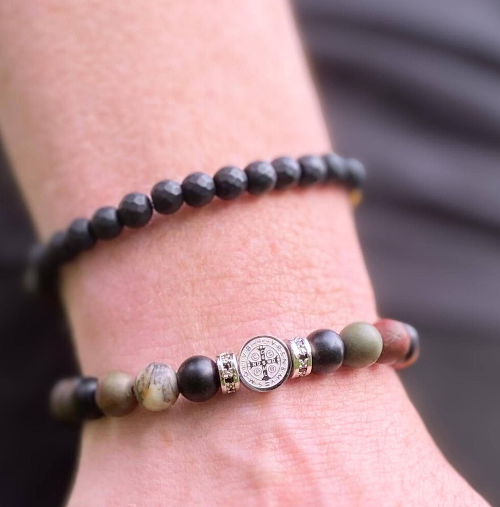 Creativity and Protection Stainless steel Saint Benedict Bracelet, Mate Picasso Jasper , Onyx, & Hematite Cross. Catholic, Confirmation Gift for him. Male wearing protection bracelet.