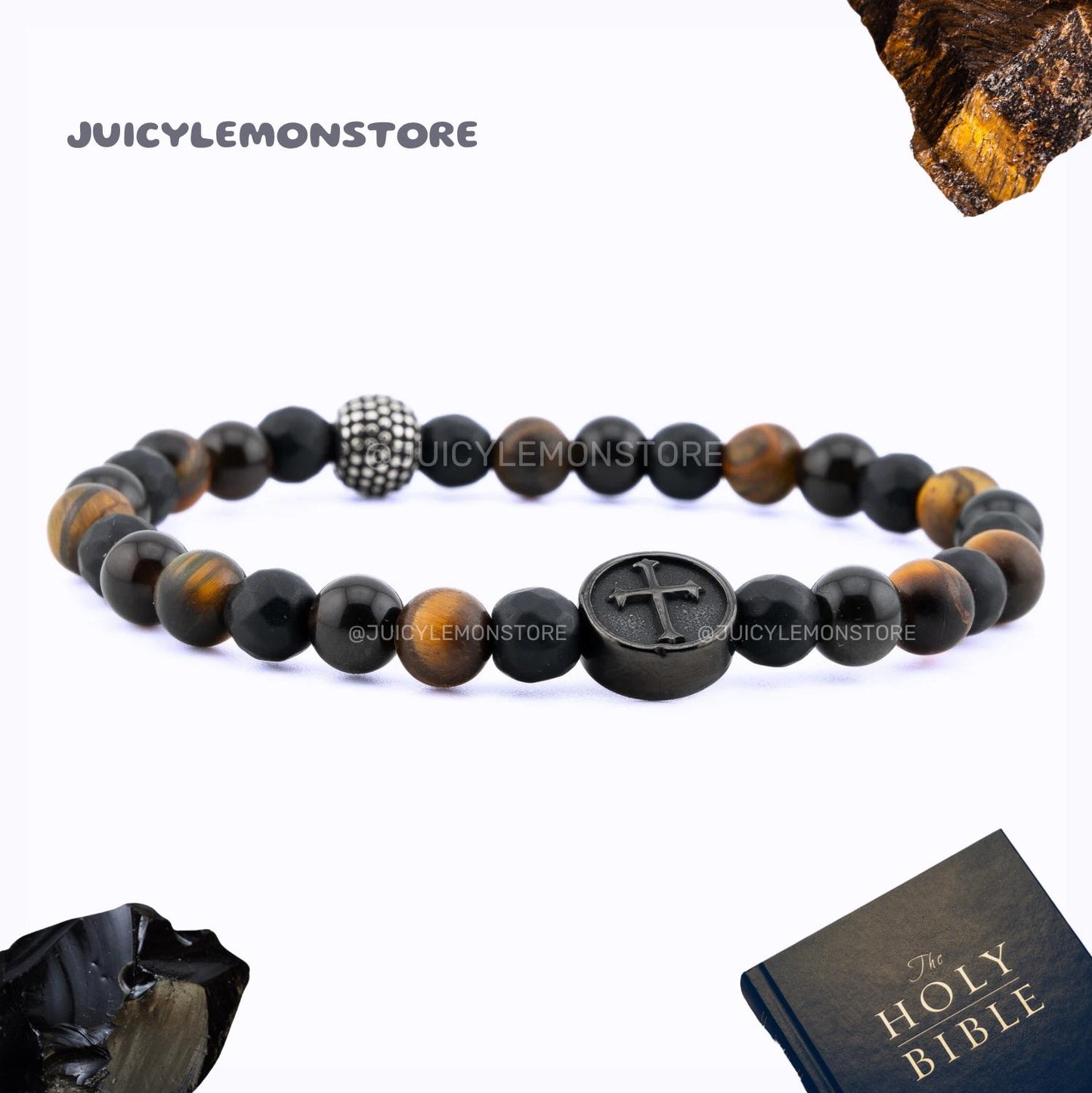 Triple Protection Crucifix bracelet for men and women featuring a black crucifix charm, black matte onyx and tiger eye gemstone beads, and a stainless steel spacer. Handmade in the USA with 6.3mm natural stone beads on a durable stretch cord for everyday wear. Christian religious bracelet symbolizing faith, strength, balance, and devotion. Unisex Catholic jewelry gift for prayer, protection, spiritual style, and meaningful gifting.