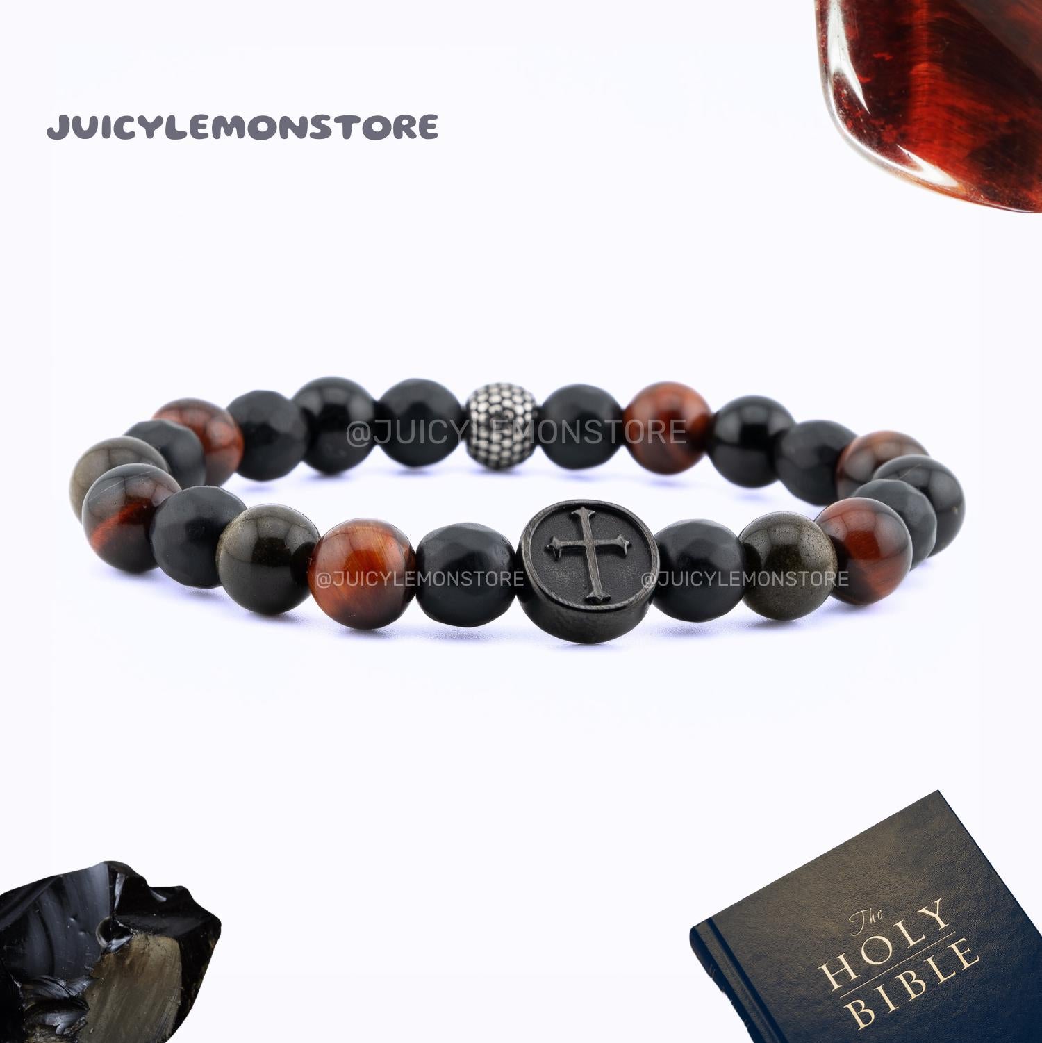 Catholic Crucifix Bracelet for Men, Black Onyx Red Tiger Eye Obsidian, Christian Faith Protection Jewelry 8.3mm