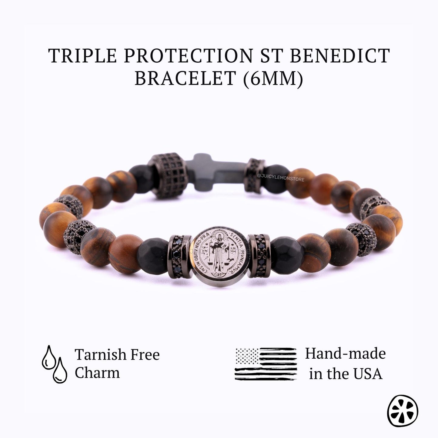 Luxury St Benedict protection bracelet for men made with black matte onyx and golden tiger eye gemstones, gray matte hematite cross, dual-sided stainless steel St Benedict medal, and CZ brass crystal spacers. Handmade Catholic bracelet with 6–6.5mm beads, masculine Christian jewelry for daily wear, faith, and devotion.