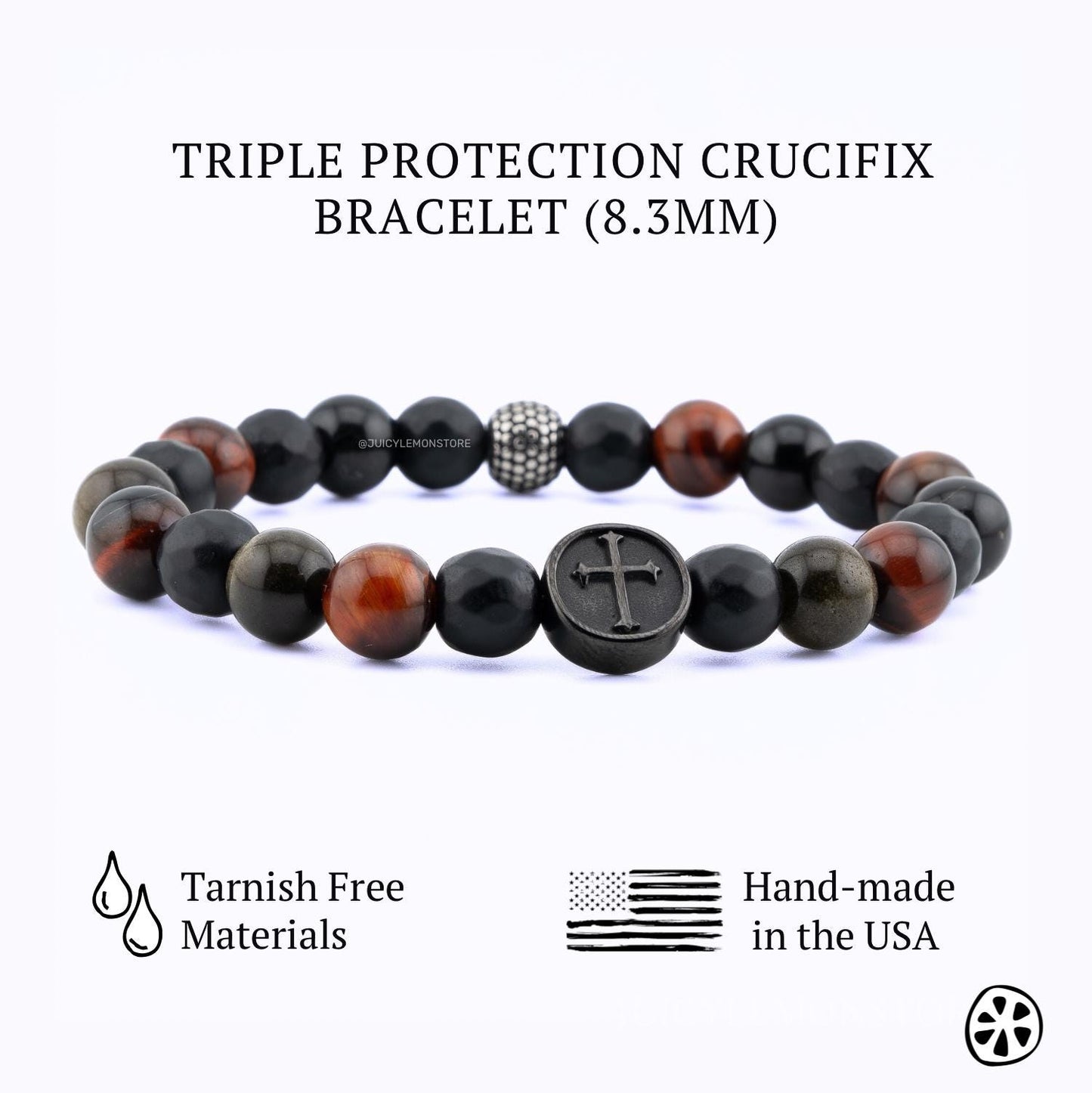 Catholic Crucifix Bracelet for Men, Black Onyx Red Tiger Eye Obsidian, Christian Faith Protection Jewelry 8.3mm