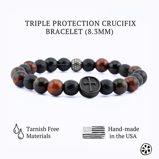Catholic Crucifix Bracelet for Men, Black Onyx Red Tiger Eye Obsidian, Christian Faith Protection Jewelry 8.3mm