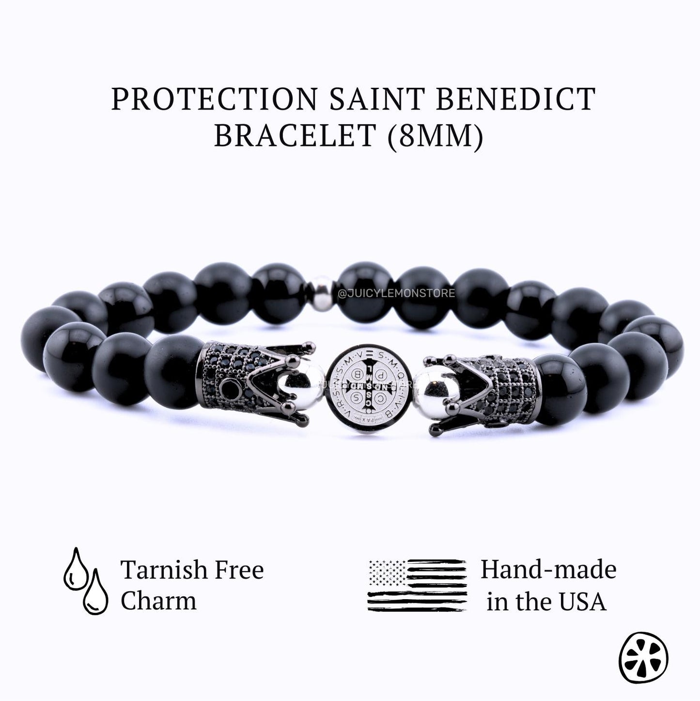 St. Benedict Stainless Steel Double Sided Crucifix Medal, Black Onyx Protection Bracelet for Men.Custom-Sized, Catholic Gifts for him,Unisex