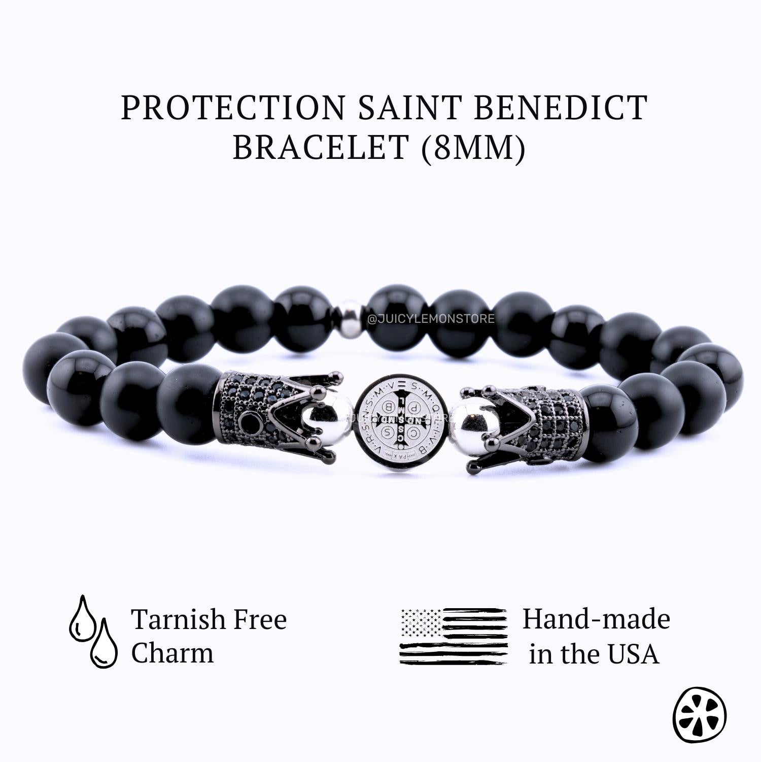 St. Benedict Stainless Steel Double Sided Crucifix Medal, Black Onyx Protection Bracelet for Men.Custom-Sized, Catholic Gifts for him,Unisex
