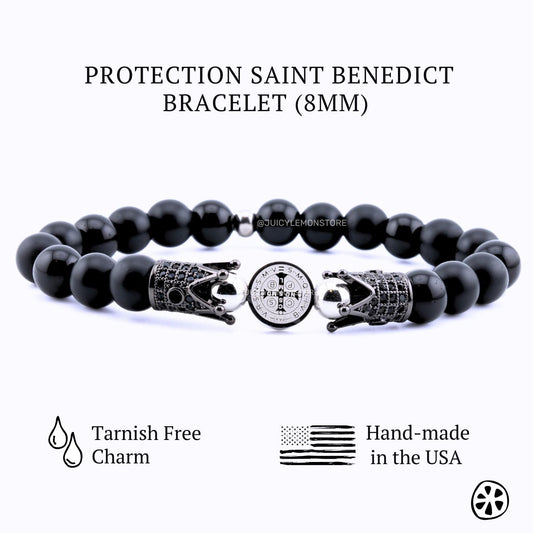 St. Benedict Stainless Steel Double Sided Crucifix Medal, Black Onyx Protection Bracelet for Men.Custom-Sized, Catholic Gifts for him,Unisex