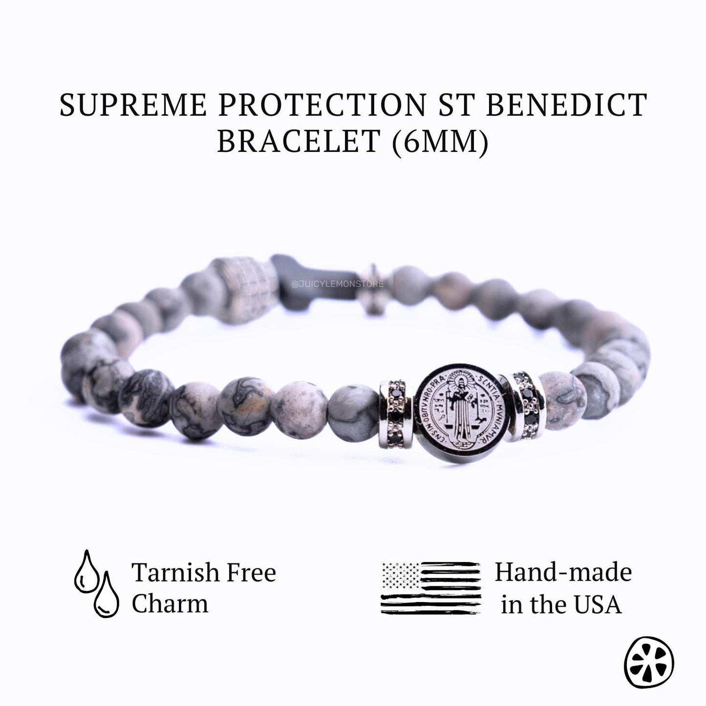 St Benedict Stainless Steel Medal & Frosted Map Jasper Protection Bracelet for men. Catholic gift for him/her/unisex Religious gem bracelet