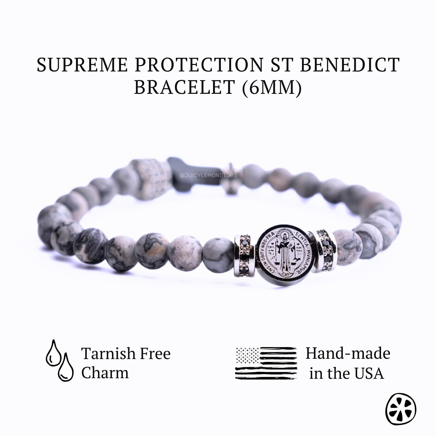 St Benedict Stainless Steel Medal & Frosted Map Jasper Protection Bracelet for men. Catholic gift for him/her/unisex Religious gem bracelet
