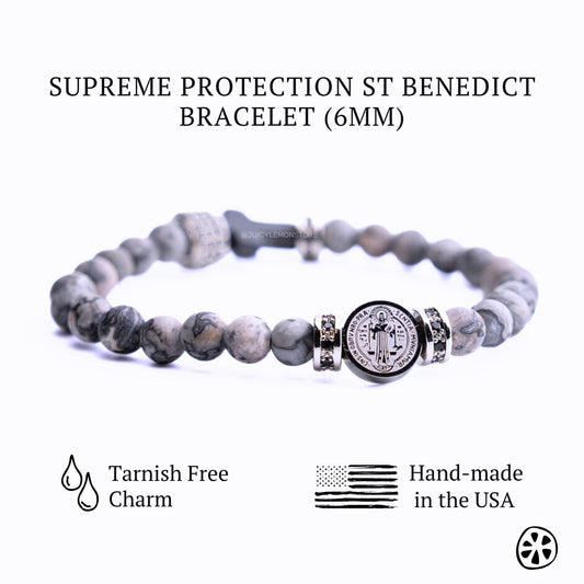 St Benedict Stainless Steel Medal & Frosted Map Jasper Protection Bracelet for men. Catholic gift for him/her/unisex Religious gem bracelet