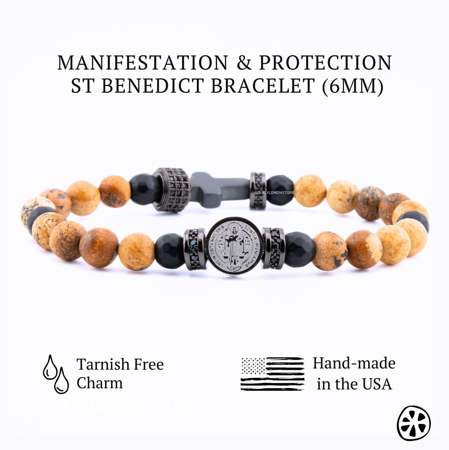 Saint Benedict Charm Protection Manifestation Mens Bracelet Stainless Steel Matte, 6mm Black Onyx, and Hematite Cross. Catholic Mens Gift