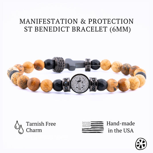 Saint Benedict Charm Protection Manifestation Mens Bracelet Stainless Steel Matte, 6mm Black Onyx, and Hematite Cross. Catholic Mens Gift