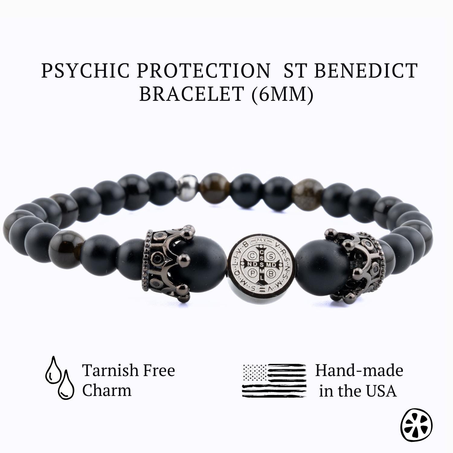 Psychic Protection St. Benedict Steel Medal Bracelet, Black Mate Onyx, Golden Obsidian. Catholic and Religious Gifts for him/her, Unisex