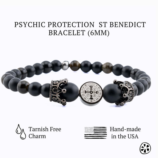 Psychic Protection St. Benedict Steel Medal Bracelet, Black Mate Onyx, Golden Obsidian. Catholic and Religious Gifts for him/her, Unisex
