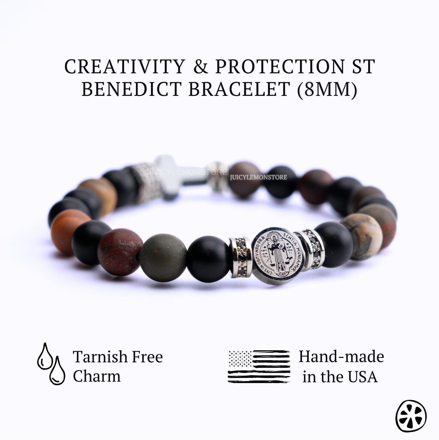 Handcrafted St. Benedict protection bracelet with Picasso Jasper, Black Onyx & Hematite gemstones. Energy-infused spiritual healing jewelry. Side View.