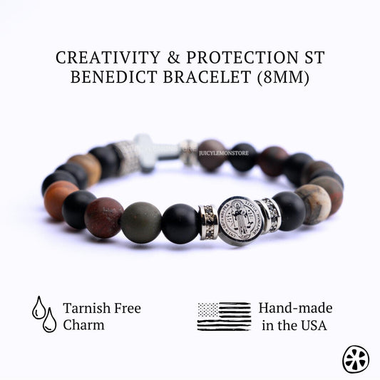 Handcrafted St. Benedict protection bracelet with Picasso Jasper, Black Onyx & Hematite gemstones. Energy-infused spiritual healing jewelry. Side View.