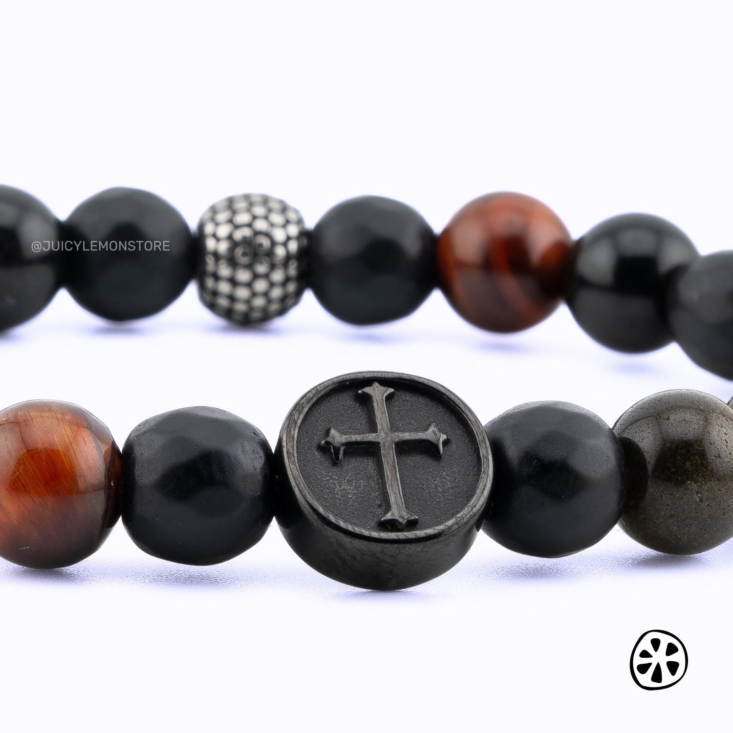 Catholic Crucifix Bracelet for Men, Black Onyx Red Tiger Eye Obsidian, Christian Faith Protection Jewelry 8.3mm