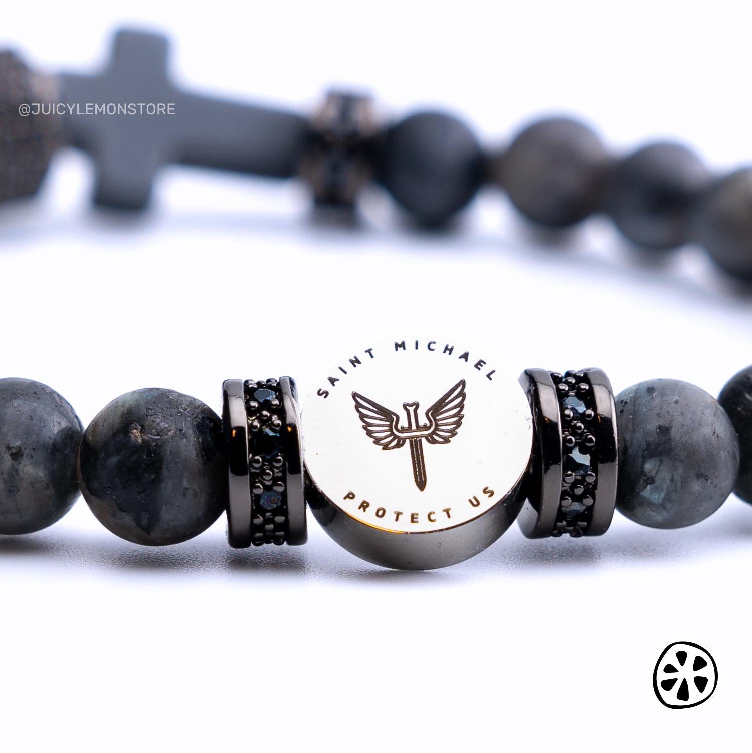 Saint Michael the Archangel Shield Protection Bracelet, labradorite matte and hematite matter crucifix gemstones