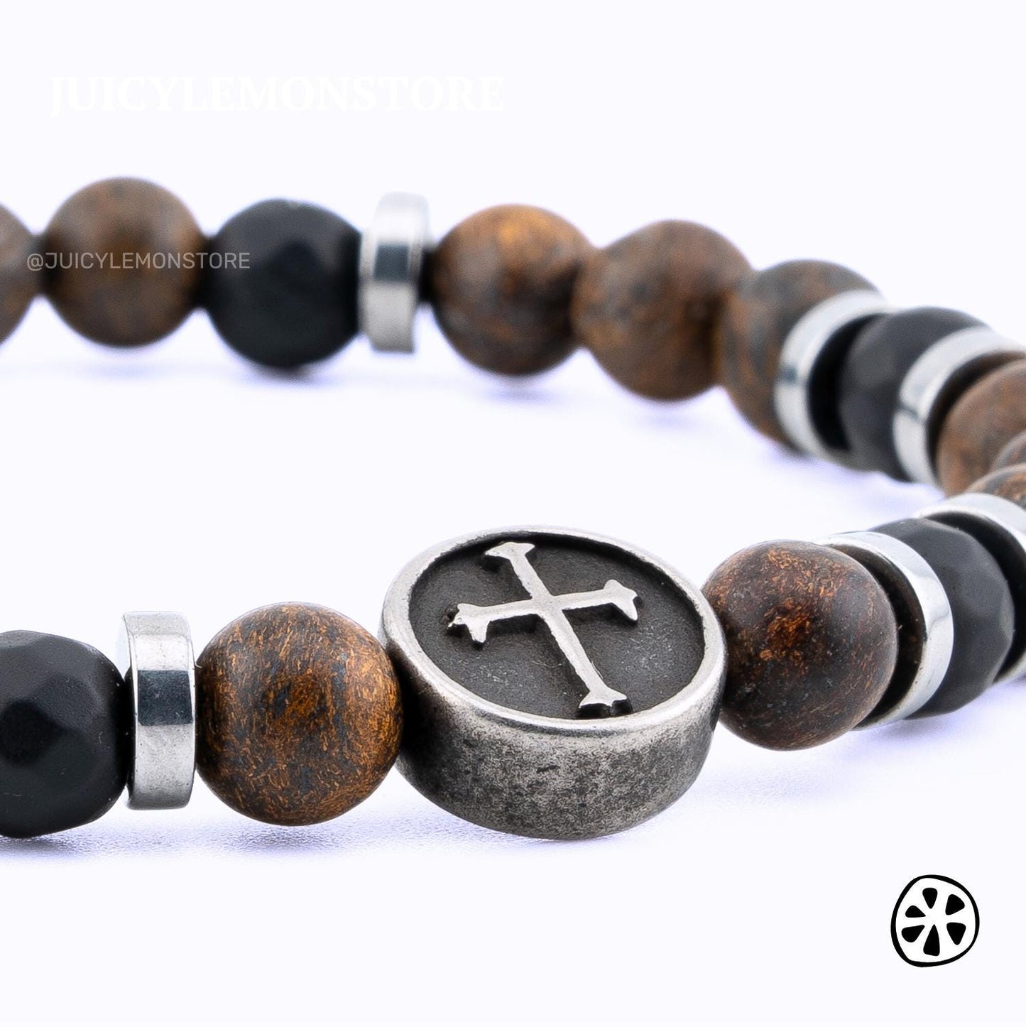 Handmade Bronzite & Black Onyx Healing Crystal Bracelet with Crucifix | Spiritual Protection & Grounding Energy Jewelry. Close  View.